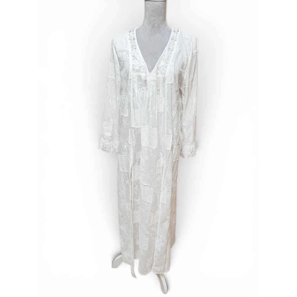 Sundance White Cotton Embroidered Crystal Embellished Maxi Dress L Swim Coverup